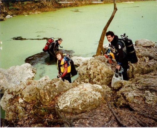 Howard & Justin-age 12-& friend Eric-in water-Scuba Diving orange grove sink-Florida-1990